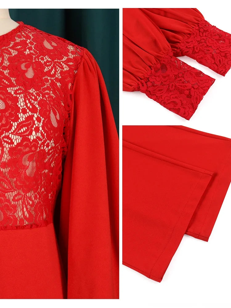 Elegant Fashion Women Jumpsuits Puffy Long Sleeve Lace Stitching See Through Wide Leg Pants Elastic Rompers Party Office Outfits