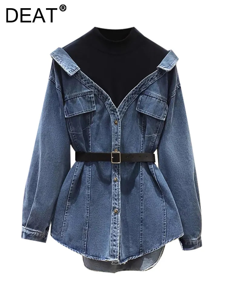 DEAT Women's Denim Coat Lapel Patchwork Pocket Single Breasted Belt Fake Two Piece Shirt Jackets 2023 Autumn New Fashion 29L157