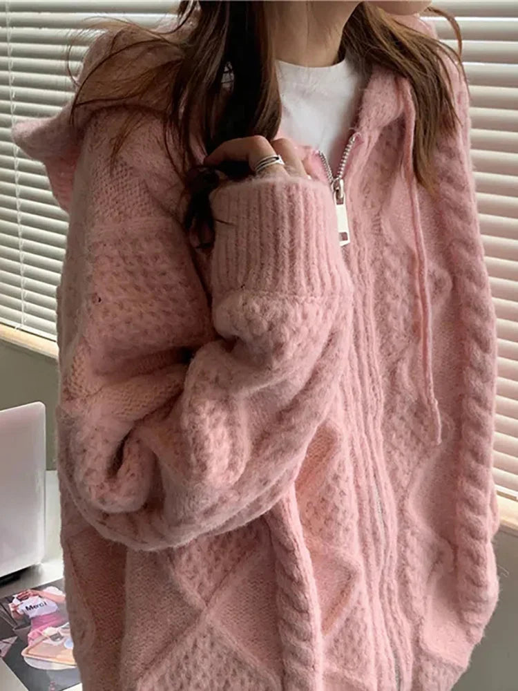 Women's Autumn/Winter Korean Vintage Sweater Knitted Coat Loose Cardigan Sweater Hooded Lazy Casual Sweater S-3XL