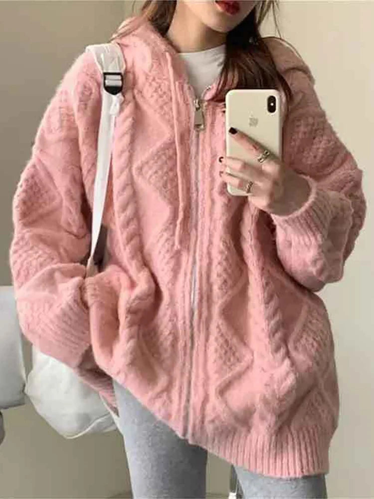 Women's Autumn/Winter Korean Vintage Sweater Knitted Coat Loose Cardigan Sweater Hooded Lazy Casual Sweater S-3XL