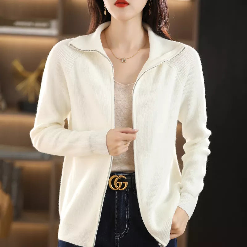 New Autumn And Winter Knitted Cardigan Women's Lapel Solid Color Zipper Thickened Loose Short Sweater Coat
