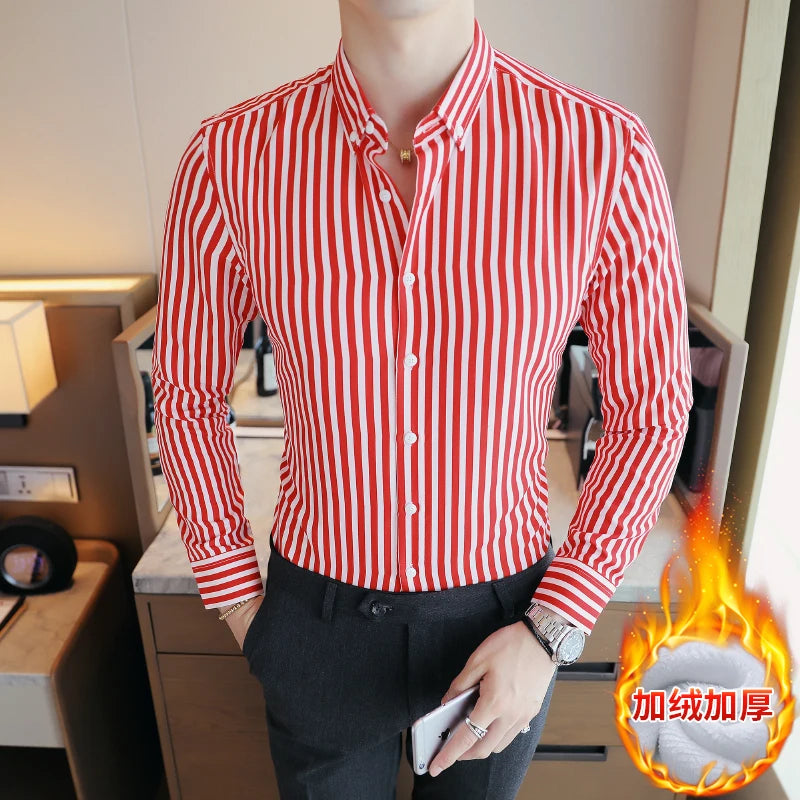 Men's Striped Long Sleeved Shirt 2023 Autumn High-quality Fashionable Business Slim Fitting Formal Shirt Winter Thickened Shirt