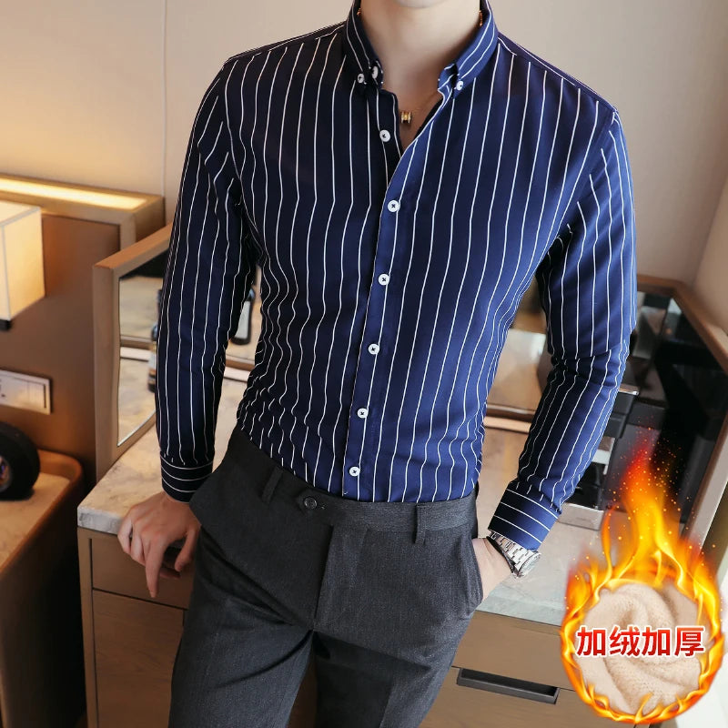 Men's Striped Long Sleeved Shirt 2023 Autumn High-quality Fashionable Business Slim Fitting Formal Shirt Winter Thickened Shirt