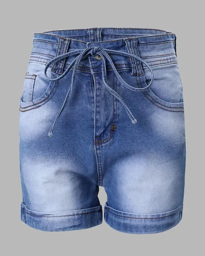 Casual High Waist Denim Shorts Pocket Zipper Tied Detail Design Above Knee Daily Women's Fashion Skinny Denim Short