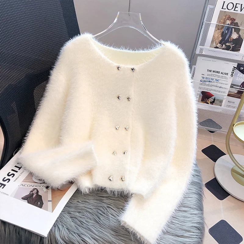 Imitation Mink Knitted Cardigan Sweater Coat Women's 2023 New Autumn Winter New Elegant Heart Double Breasted Long Sleeve Top