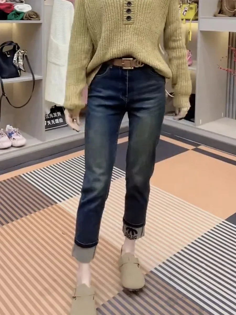 Y2k Women's Jeans 2023 New Straight Leg Female Denim Pants Large Size High Waist Slimming Stretch Nine Minute Pipe Pants Women's