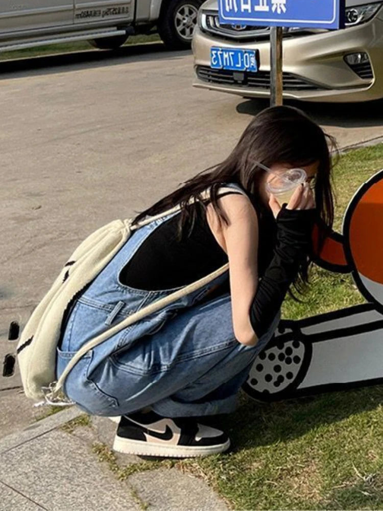 Women Jumpsuits Denim Trousers High Waisted Baggy Wide Leg Overalls American Street Teens Hip Hop College All-match Vintage Cool