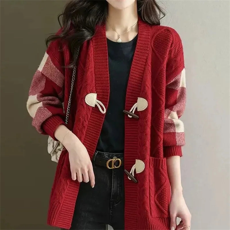 2023 Spring and Autumn New Female Fashion Cowhorn Button Mid Length Sweater Cardigan Coat Women's Lazy Loose Knitted Outwear