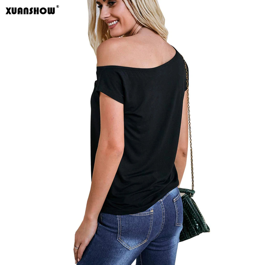 XUANSHOW 2022 Fashion Slouchy Tops Shirts Women's Casual Clothes Short Sleeve Sexy Love Print Off Shoulder T-Shirt