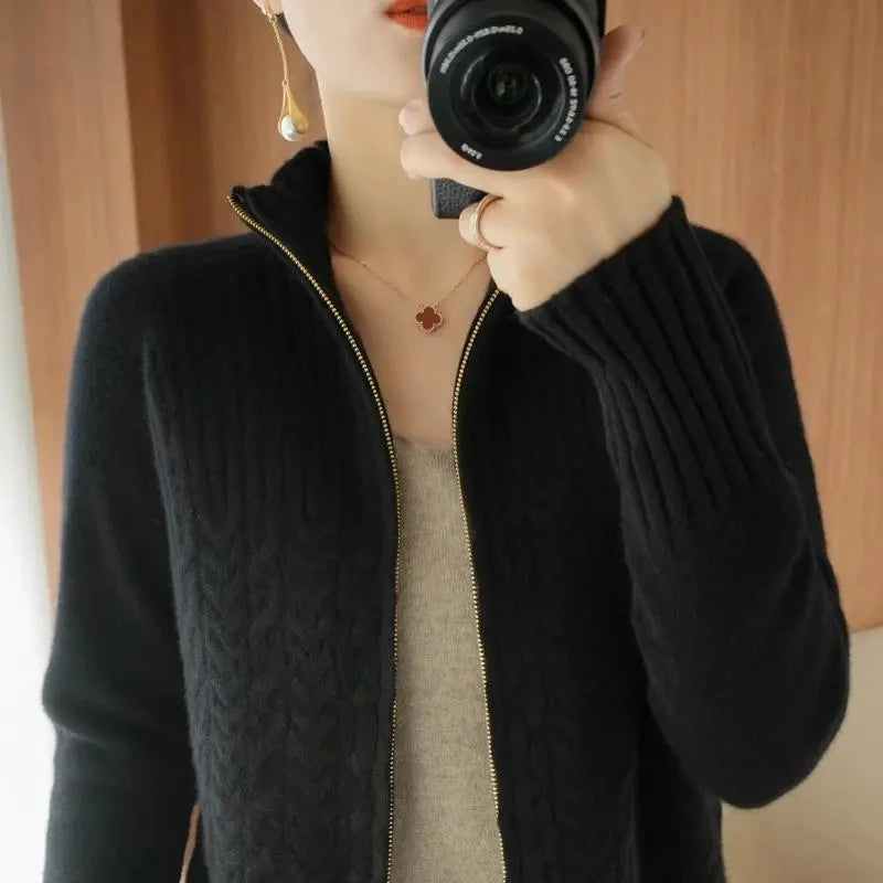 Women's Knitted Sweater Cardigan Jacket 2023 New Stand Coller Casual Zipper Sweater Coat Loose Slim Female Knitted Cardigans