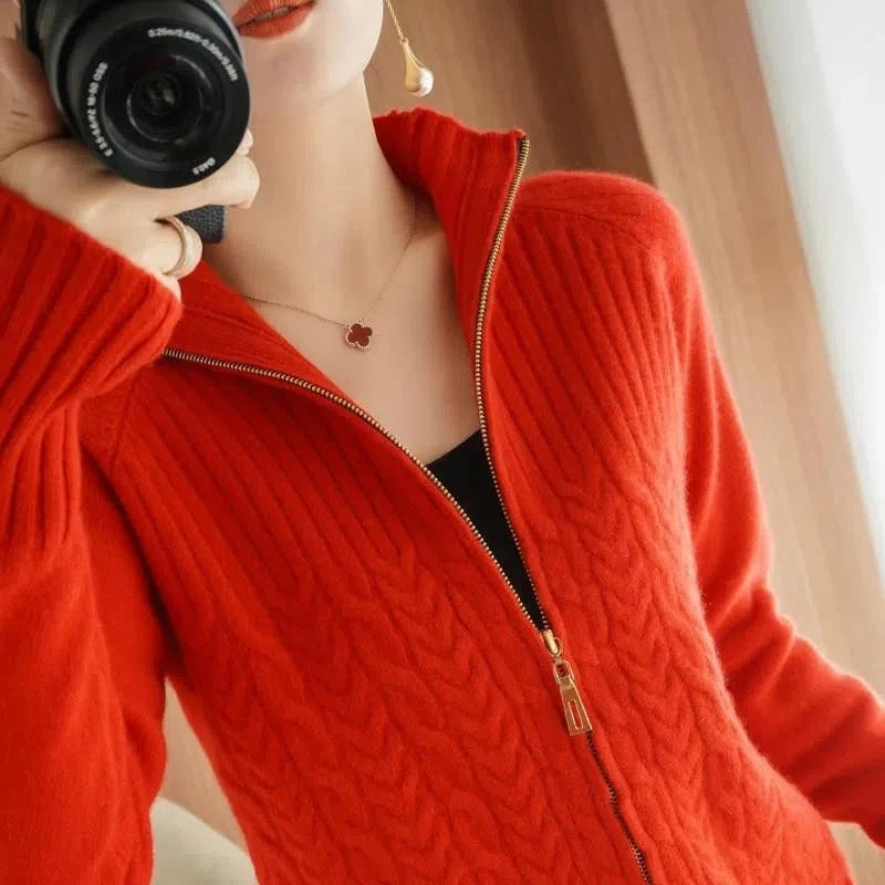 Women's Knitted Sweater Cardigan Jacket 2023 New Stand Coller Casual Zipper Sweater Coat Loose Slim Female Knitted Cardigans
