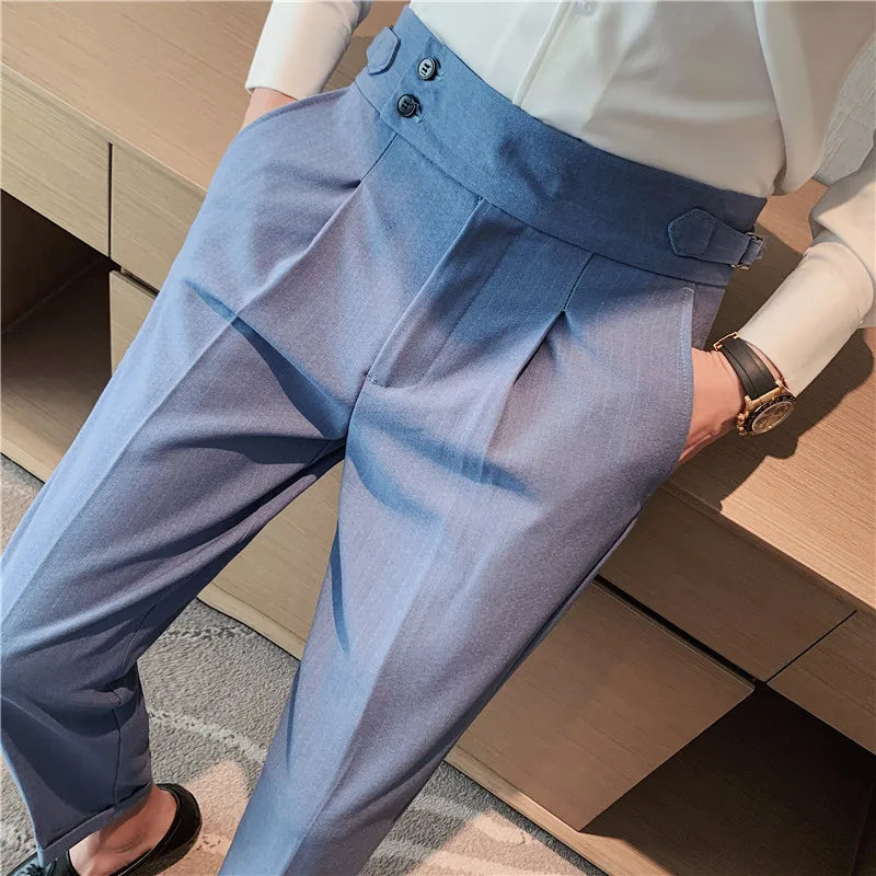 Fall 2022 High Quality Business Casual Draped High-waist Trousers Men Stripes Formal Pants Male Formal Office Social Suit Pants