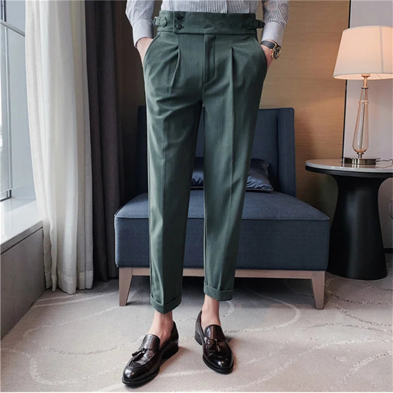 Fall 2022 High Quality Business Casual Draped High-waist Trousers Men Stripes Formal Pants Male Formal Office Social Suit Pants