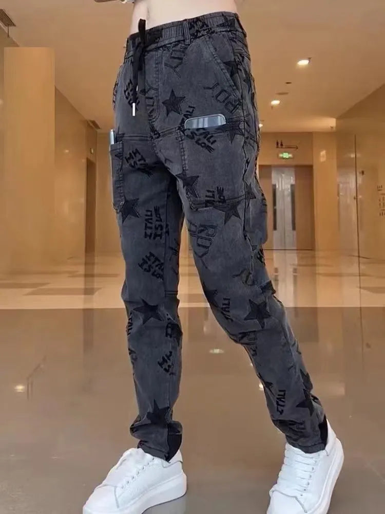 Jacquard Jeans Women's Elastic Casual Feet Trousers Harem Pants Multi-Pocket Distressed Ankle-Tied Painted Jeans Baggy Jeans