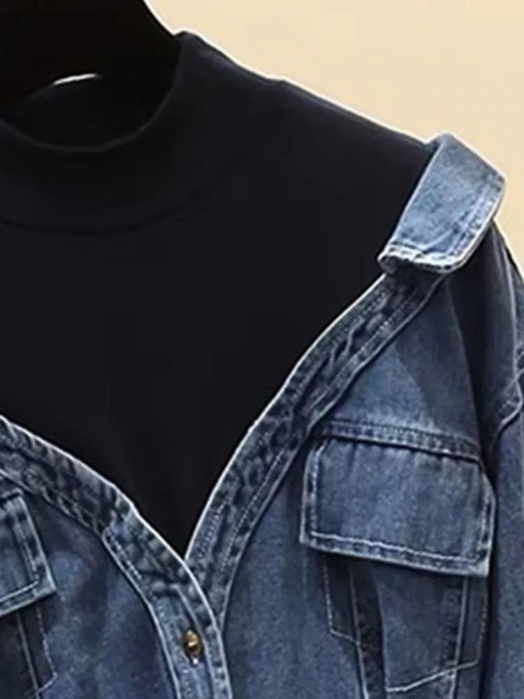 DEAT Women's Denim Coat Lapel Patchwork Pocket Single Breasted Belt Fake Two Piece Shirt Jackets 2023 Autumn New Fashion 29L157