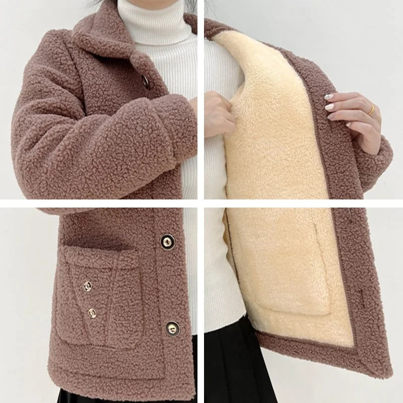 2023 New Thick Fleece Winter Single Breasted Lamb Fur Women's Coat Mom Wear Lapel Pocket Imitation Fur Warm Casual Jacket Female