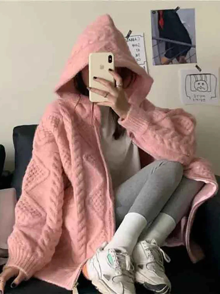 Women's Autumn/Winter Korean Vintage Sweater Knitted Coat Loose Cardigan Sweater Hooded Lazy Casual Sweater S-3XL