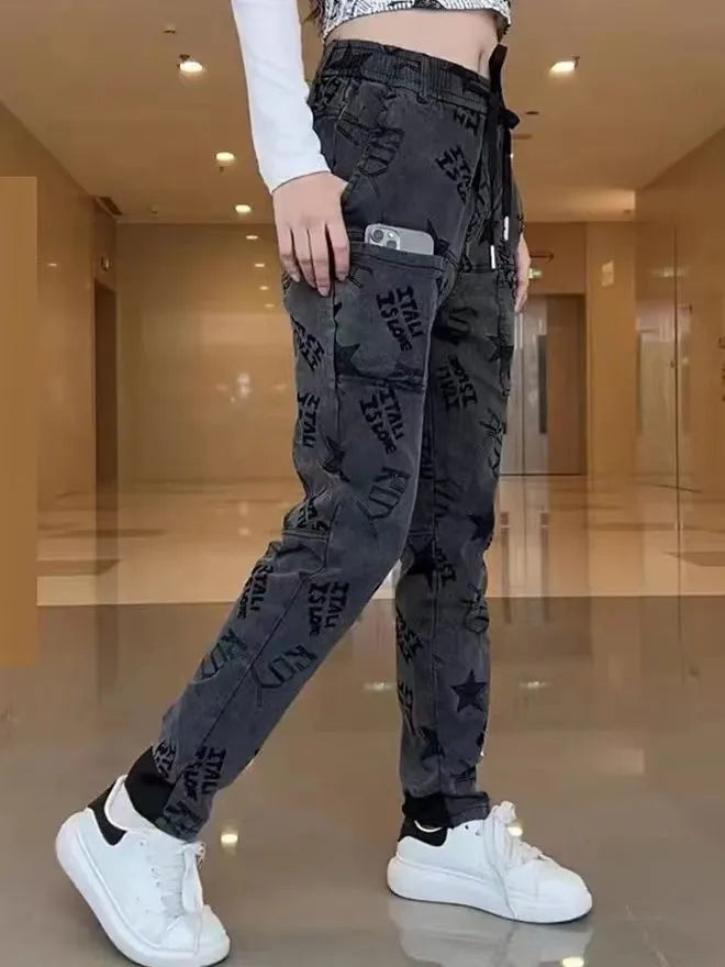 Jacquard Jeans Women's Elastic Casual Feet Trousers Harem Pants Multi-Pocket Distressed Ankle-Tied Painted Jeans Baggy Jeans