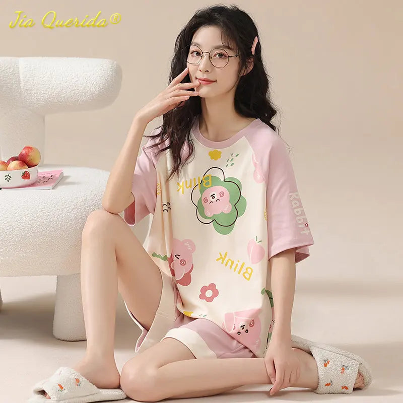 Kawaii Rabbit Print Women's Pajamas Set 100% Cotton High Quality Pijamas Short Sleeve Nightwear Fashion Lingerie Sleep Wear