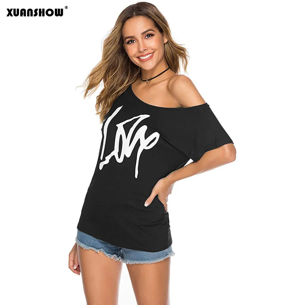 XUANSHOW 2022 Fashion Slouchy Tops Shirts Women's Casual Clothes Short Sleeve Sexy Love Print Off Shoulder T-Shirt