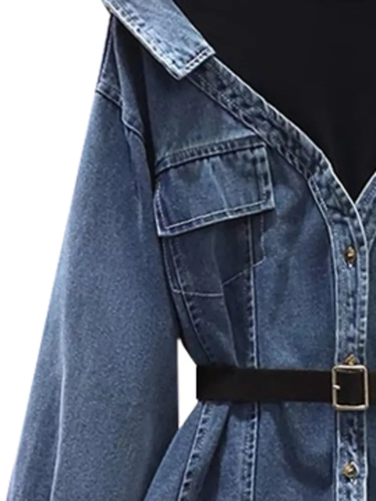 DEAT Women's Denim Coat Lapel Patchwork Pocket Single Breasted Belt Fake Two Piece Shirt Jackets 2023 Autumn New Fashion 29L157