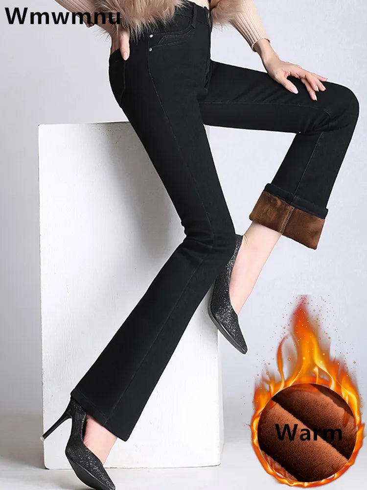 Winter Skinny Warm Women's Denim  Pants Big Size 26-34 Flare Jeans Plush Lined High Waist Vaqueros Thicken Vintage Bell-bottoms