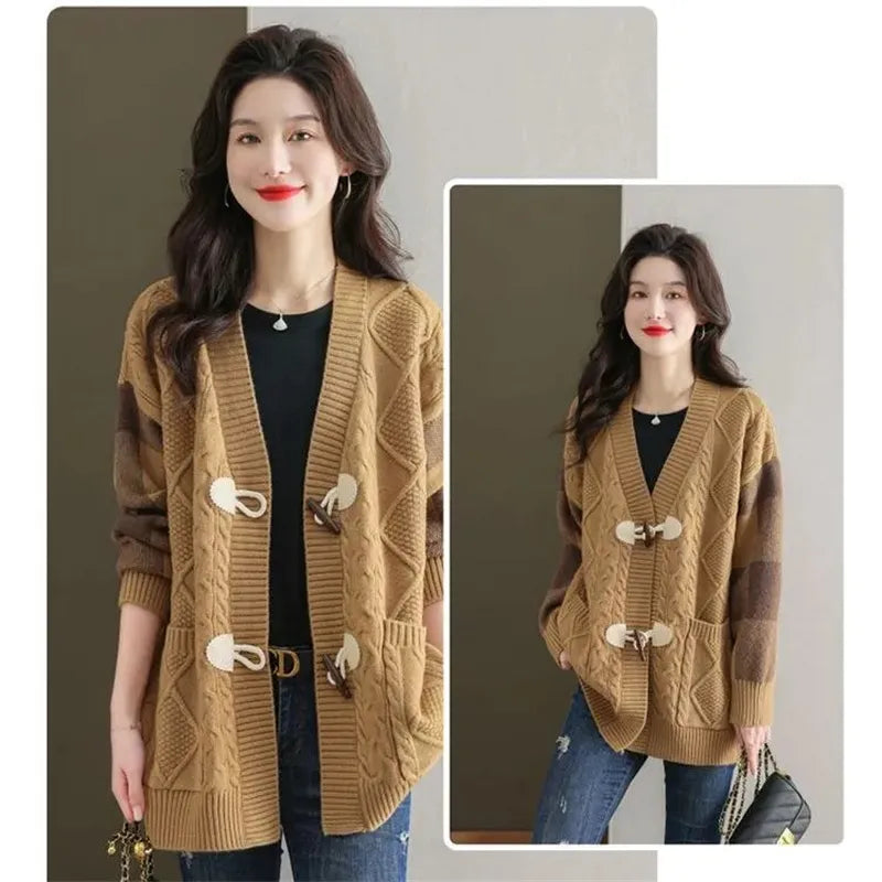 2023 Spring and Autumn New Female Fashion Cowhorn Button Mid Length Sweater Cardigan Coat Women's Lazy Loose Knitted Outwear