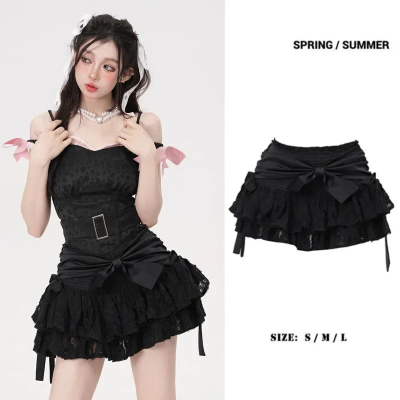 Black Bow High Waisted Fluffy Skirt Women's Cake Skirt Hole Lace Irregular Hem Shorts Prevent Awkwardness Korean Fashion Punk