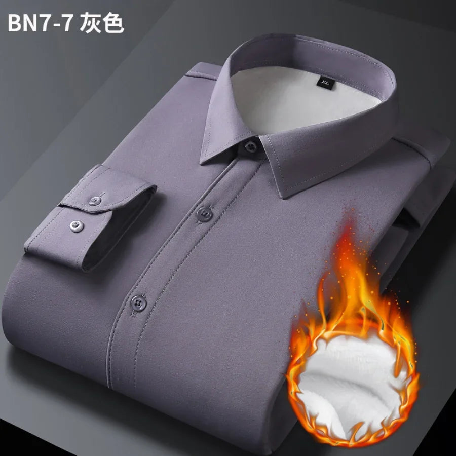 2023 Men's Autumn Winter Long Sleeve Shirts White Warm Fleece Stretch Shirt Formal Business Office Wear Dress Shirts Male M-5XL