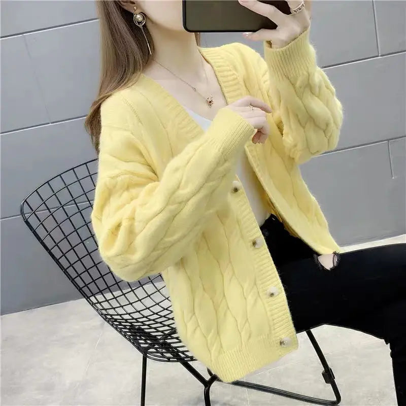Spring Clothes Thickened Fried Dough Twist Knitting Cardigan Women's Sweater Loose Wear New Autumn and Winter Coat Top