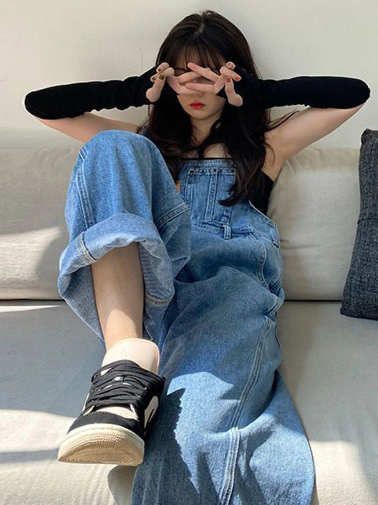 Women Jumpsuits Denim Trousers High Waisted Baggy Wide Leg Overalls American Street Teens Hip Hop College All-match Vintage Cool