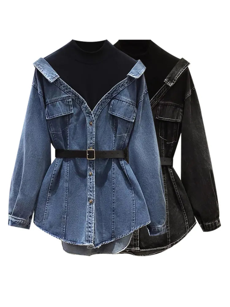 DEAT Women's Denim Coat Lapel Patchwork Pocket Single Breasted Belt Fake Two Piece Shirt Jackets 2023 Autumn New Fashion 29L157