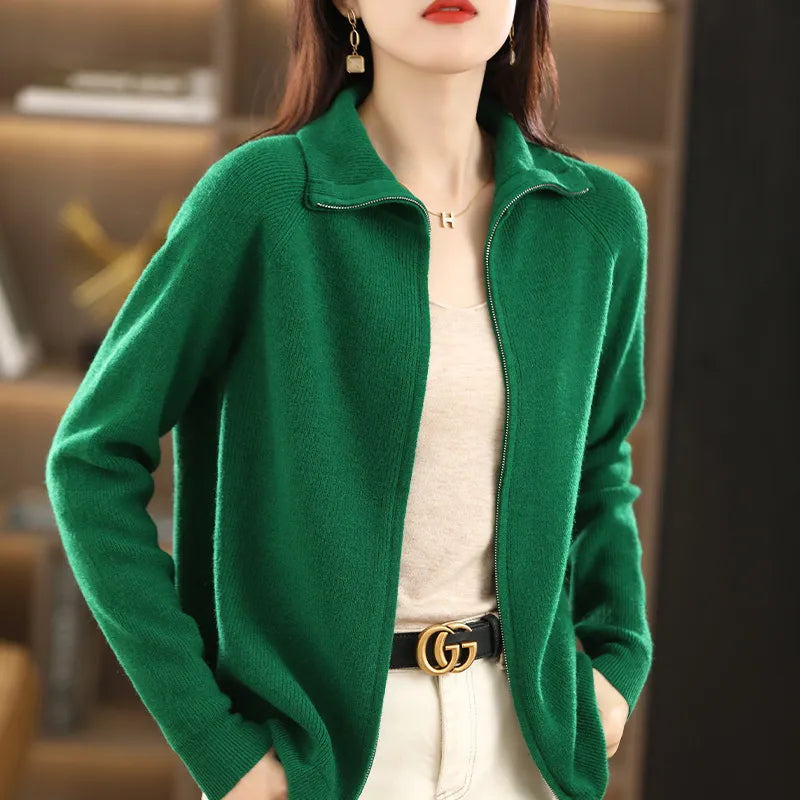 New Autumn And Winter Knitted Cardigan Women's Lapel Solid Color Zipper Thickened Loose Short Sweater Coat