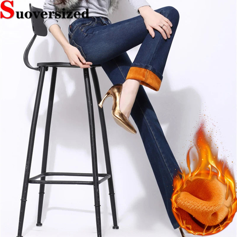 Winter Skinny Warm Women's Denim  Pants Big Size 26-34 Flare Jeans Plush Lined High Waist Vaqueros Thicken Vintage Bell-bottoms