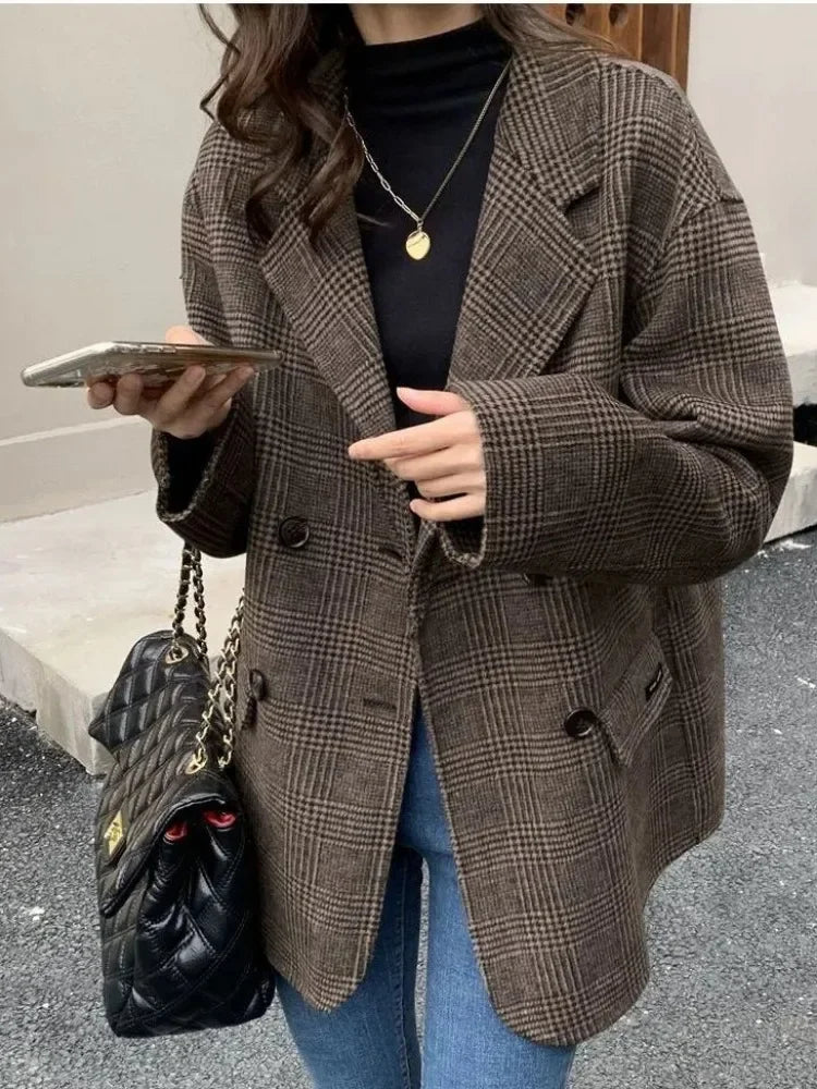 Suit Coats and Jackets Women Casual Lattice Loose Winter Coat for Women Single Breasted Pockets Korean Fashion Women's Wool Coat