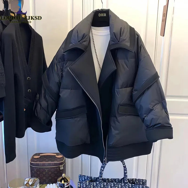 Women's Korean Style Cotton-Padded Jacket, Suit Collar, Panel Parka, Short Loose Coat, Fashion and Chic Jackets, Winter, New