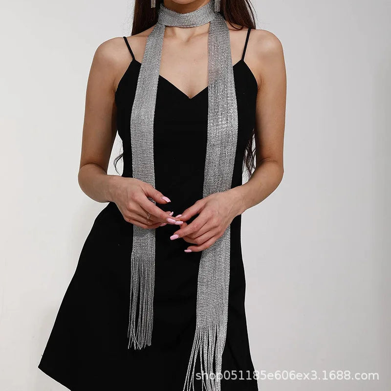 Fashion Nightclub Gold Silver Bright Silk Sunscreen Shawl Shiny Necklace For Women Lace Tassel Party Evening Dress Scarf V141