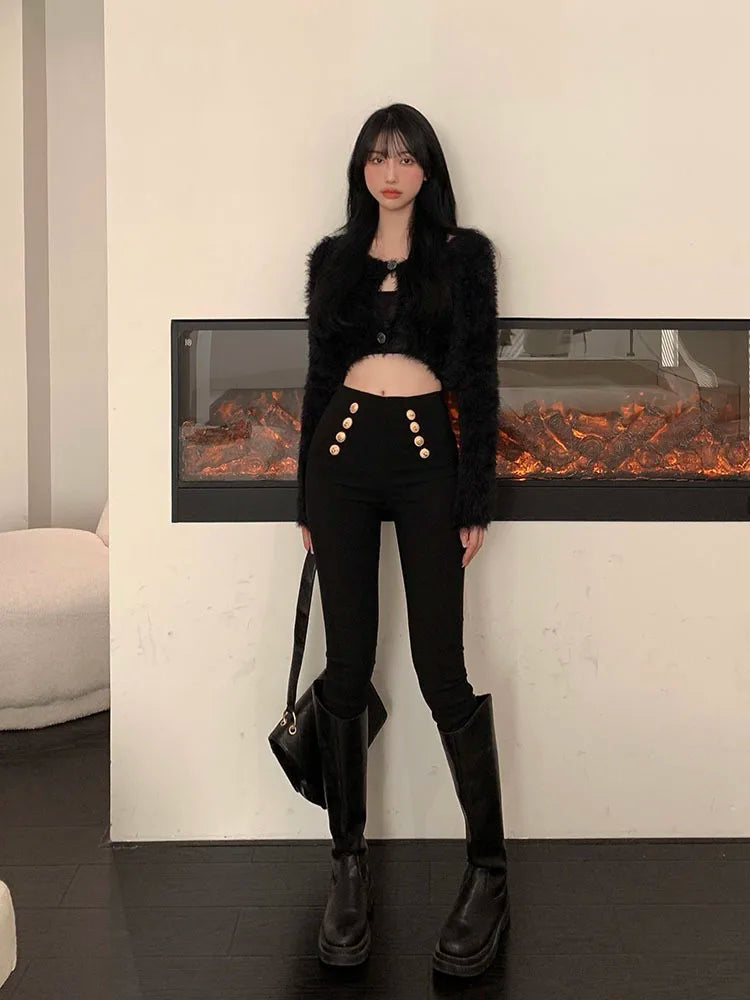 Fashion women's trousers 2023 Spring autumn high-elastic double-breasted tight-fitting high-waisted slimming pants Women's pants