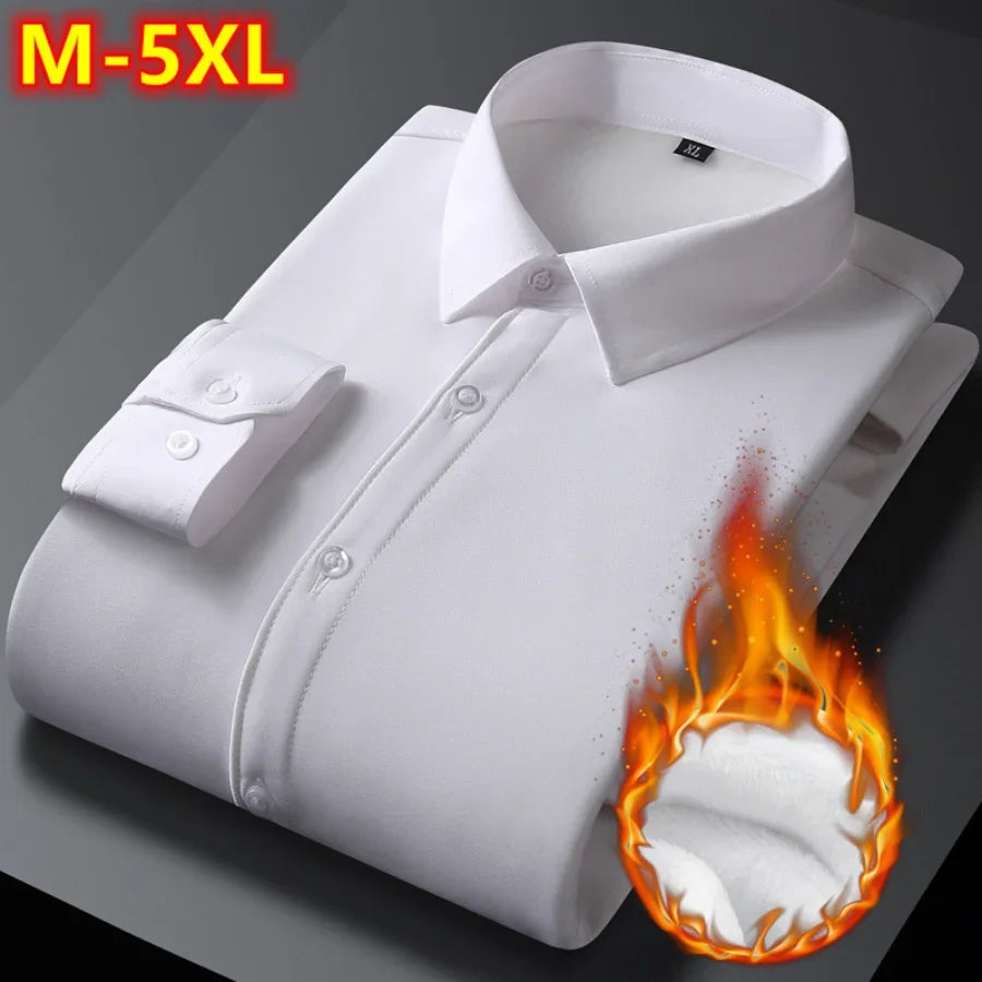 2023 Men's Autumn Winter Long Sleeve Shirts White Warm Fleece Stretch Shirt Formal Business Office Wear Dress Shirts Male M-5XL