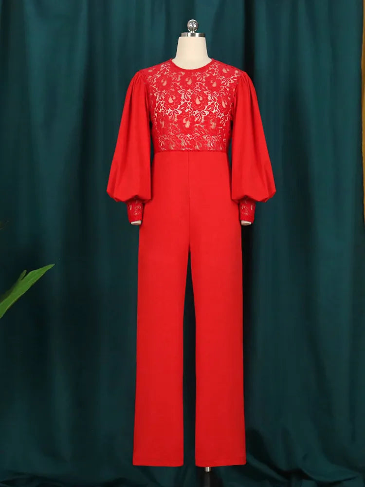 Elegant Fashion Women Jumpsuits Puffy Long Sleeve Lace Stitching See Through Wide Leg Pants Elastic Rompers Party Office Outfits
