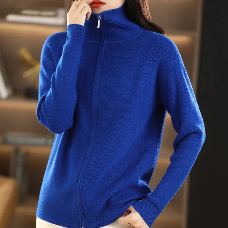 New Autumn And Winter Knitted Cardigan Women's Lapel Solid Color Zipper Thickened Loose Short Sweater Coat