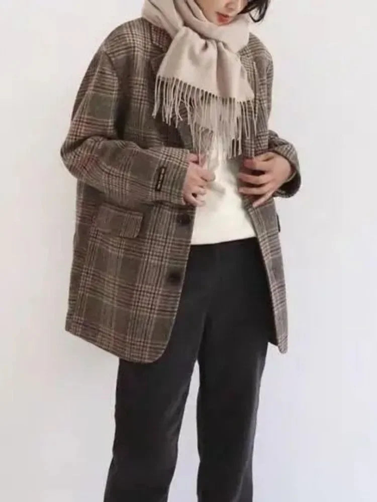 Suit Coats and Jackets Women Casual Lattice Loose Winter Coat for Women Single Breasted Pockets Korean Fashion Women's Wool Coat