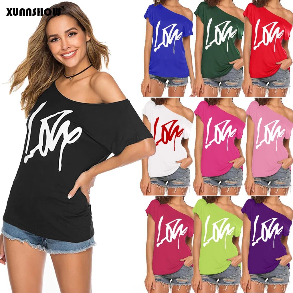 XUANSHOW 2022 Fashion Slouchy Tops Shirts Women's Casual Clothes Short Sleeve Sexy Love Print Off Shoulder T-Shirt