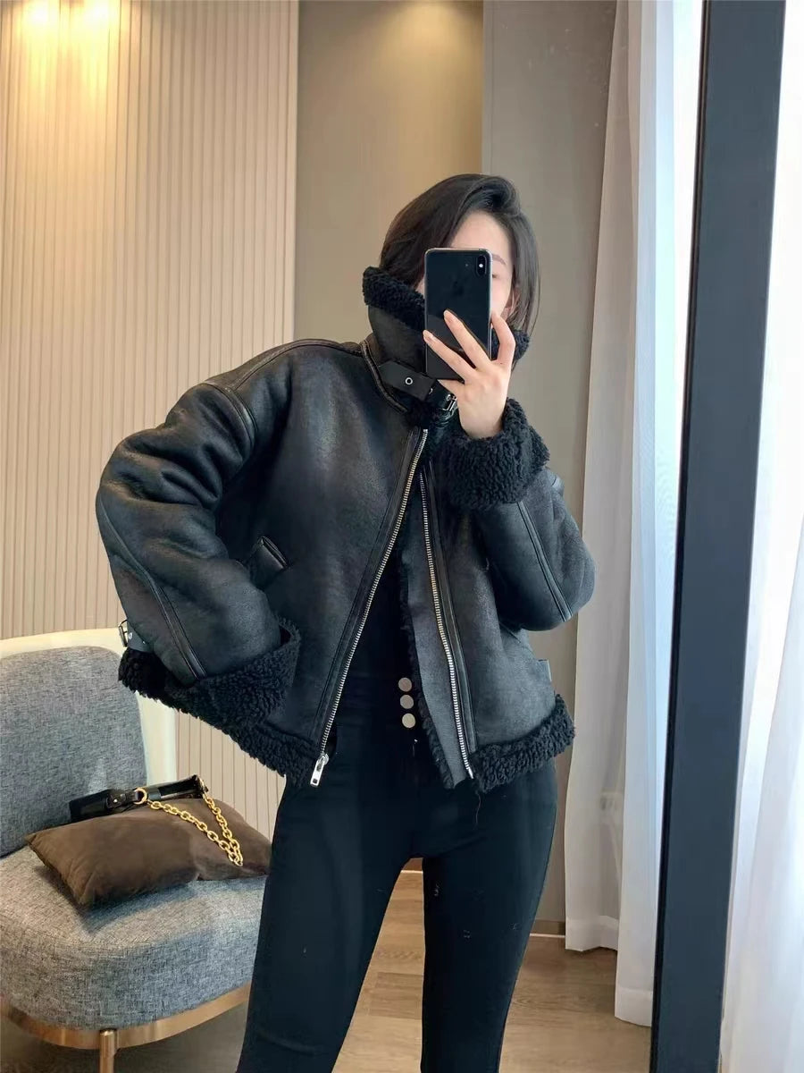 TRAF Women's Double-faced Biker Jacket Black Lapel Long Sleeve Zipped Short Jacket Winter New Warm Lambswool Thicken Outerwear