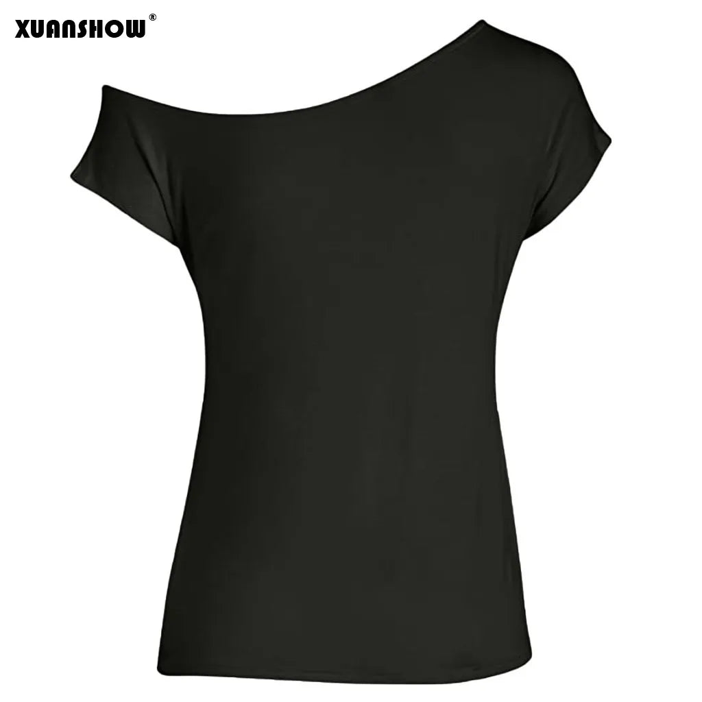 XUANSHOW 2022 Fashion Slouchy Tops Shirts Women's Casual Clothes Short Sleeve Sexy Love Print Off Shoulder T-Shirt
