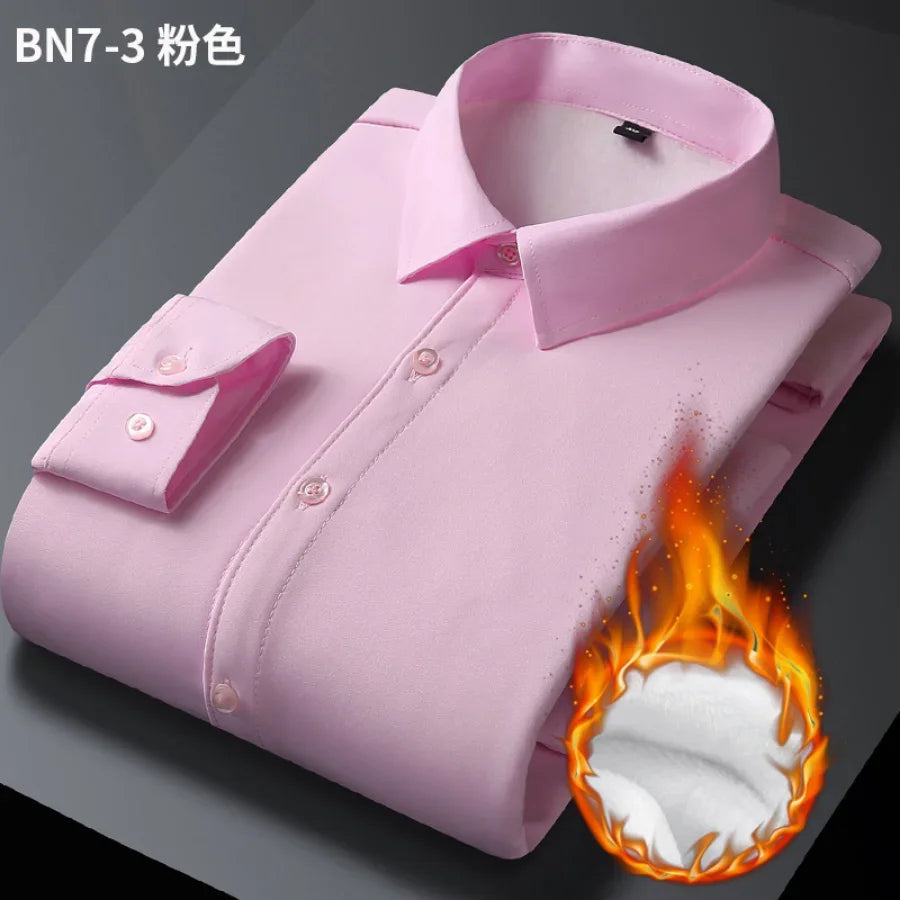 2023 Men's Autumn Winter Long Sleeve Shirts White Warm Fleece Stretch Shirt Formal Business Office Wear Dress Shirts Male M-5XL