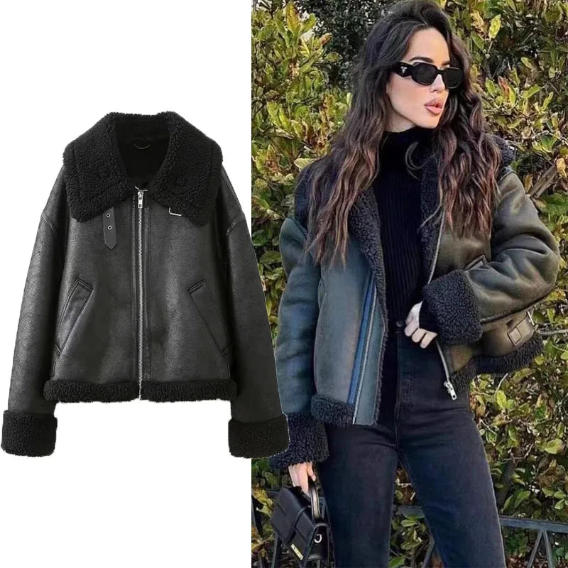 TRAF Women's Double-faced Biker Jacket Black Lapel Long Sleeve Zipped Short Jacket Winter New Warm Lambswool Thicken Outerwear