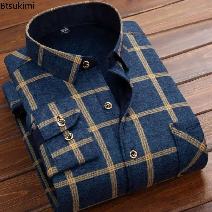 2023 Men's Winter Warm Long Sleeve Plaid Shirts Flannel Fur Lined Thick Formal Shirts Fleece Casual Shirt for Men Dress Shirts