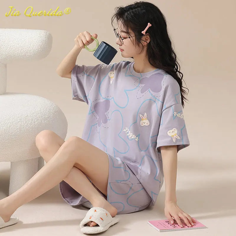 Kawaii Rabbit Print Women's Pajamas Set 100% Cotton High Quality Pijamas Short Sleeve Nightwear Fashion Lingerie Sleep Wear