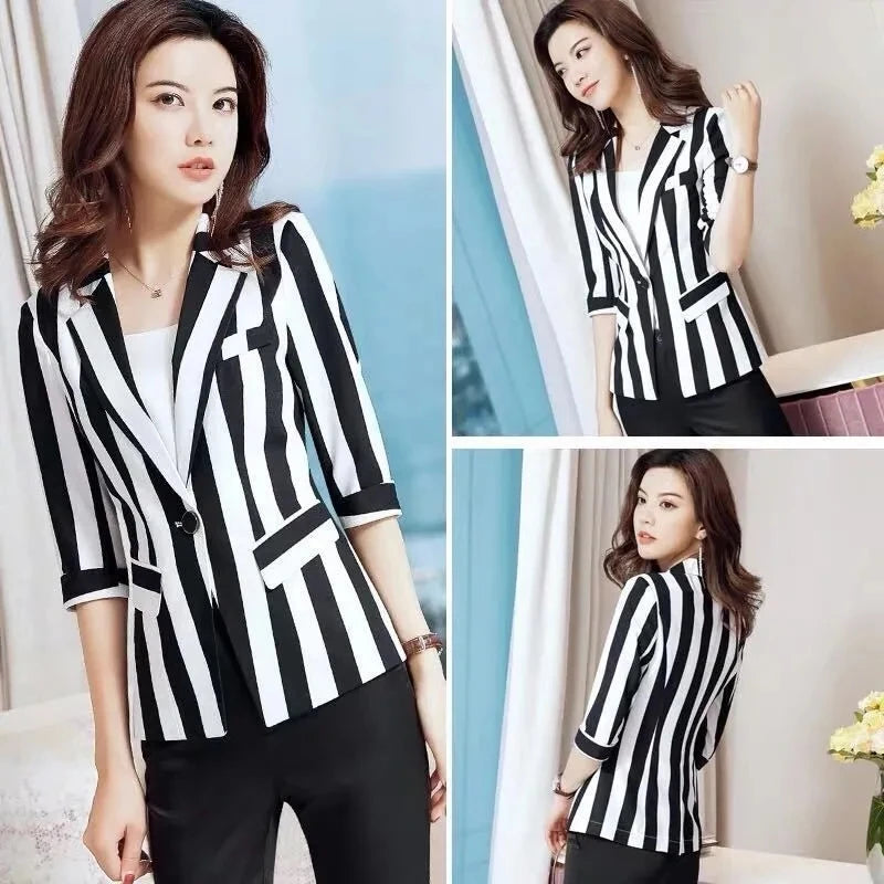 Striped Small Suit Jacket Women's Fashion Coat Top 2023 Spring Autumn New Suits Slim Waist Short Top Women Blazer